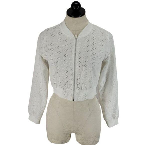 KnitWorks Girls White Eyelet Floral Cropped Zip Up Jacket Size 16 - Picture 1 of 8